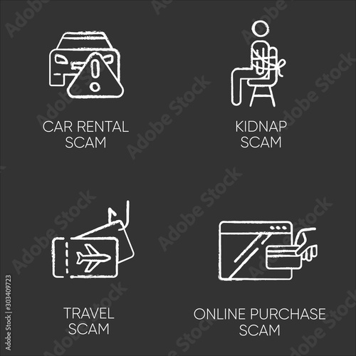 Scam types chalk icons set. Car rental, online purchase fraudulent scheme. Kidnap, travel trick. Cybercrime. Financial scamming. Illegal money gain. Isolated vector chalkboard illustrations
