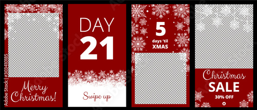 Christmas stories set for social media. White snowflakes on red background