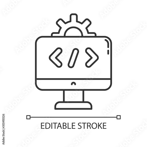 Software industry linear icon. Information technology sector. Computer programming. Information technology. Thin line illustration. Contour symbol. Vector isolated outline drawing. Editable stroke