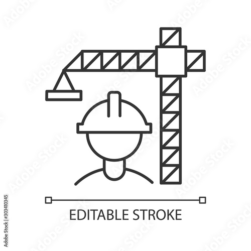 Construction industry linear icon. Building sector. Crane builder in helmet. Real estate development. Thin line illustration. Contour symbol. Vector isolated outline drawing. Editable stroke