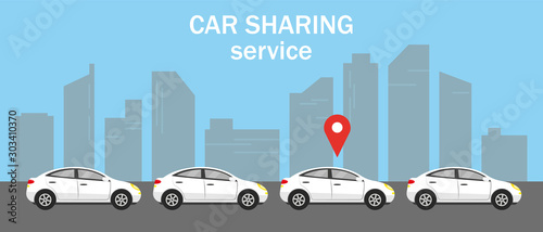 Car shering or rent concept. Four white cars in city for choise and rent. Vector illustration.