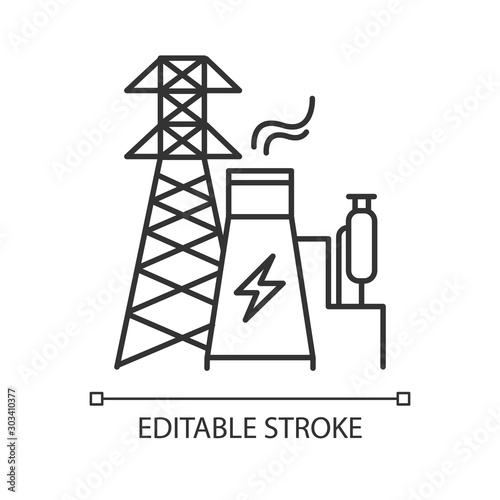 Energy industry linear icon. Power engineering. Electricity generation and transmission. Electrical sector. Thin line illustration. Contour symbol. Vector isolated outline drawing. Editable stroke