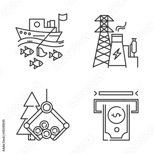 Industry types linear icons set. Fishing, energy, timber, financial sectors of economy. Business spheres. Thin line contour symbols. Isolated vector outline illustrations. Editable stroke