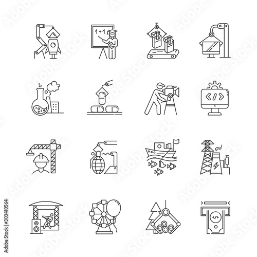Industry types linear icons set. Goods and services production. Technology development. Human activities for profit. Thin line contour symbols. Isolated vector outline illustrations. Editable stroke