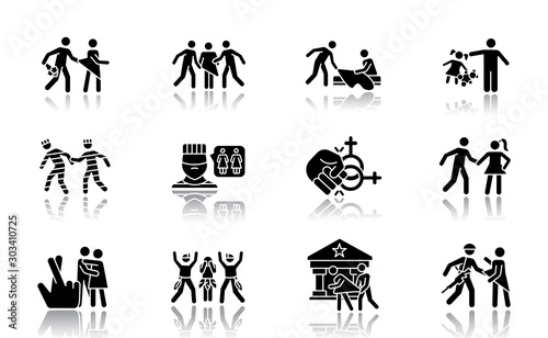 Different rape types drop shadow black glyph icons set. Date, statutory, children and spousal rape. Abuse of women in prison. Sexual harassment and assault of females. Isolated vector illustrations
