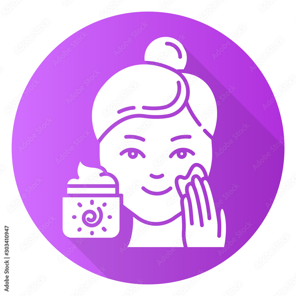 Applying sunscreen purple flat design long shadow glyph icon. Face sun  protection. Skin care procedure. Facial beauty treatment. Cream product to  avoid sunburn. Vector silhouette illustration Stock Vector