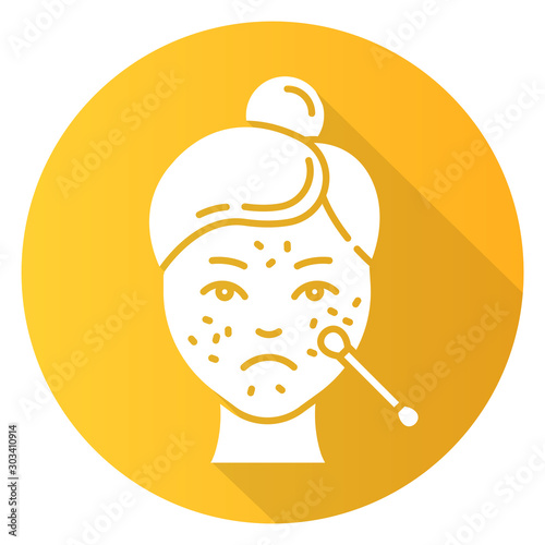 Spot treatmeant yellow flat design long shadow glyph icon. Skin care procedure. Facial beauty. Cleansing and healing effect for problematic skin. Medical product. Vector silhouette illustration