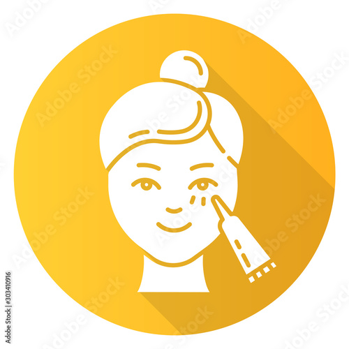 Using undereye cream yellow flat design long shadow glyph icon. Skin care procedure. Facial beauty treatment. Lifting and exfoliating effect. Eye makeup product. Vector silhouette illustration