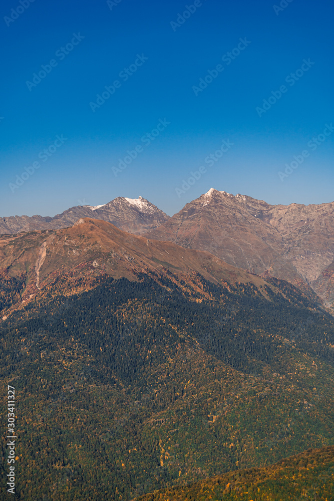 Mountain range. Forest at the foot of the mountain. Landscape.