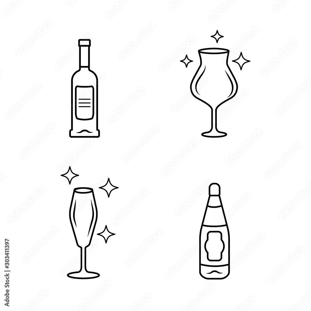 Alcohol drink glassware linear icons set. Wine service. Crystal glasses shapes. Red wine bottles with labels. Thin line illustration. Contour symbol. Vector isolated outline drawing. Editable stroke Alcohol drink glassware linear icons set. Wine service. Crystal glasses shapes. Red wine bottles with labels. Thin line illustration. Contour symbol. Vector isolated outline drawing. Editable stroke
