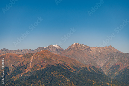 Mountain range. Forest at the foot of the mountain. Landscape.