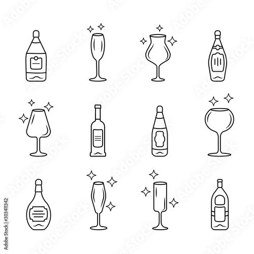 Alcohol drink glassware linear icons set. Wine bottles. Crystal glasses shapes. Drinks and beverages types. Thin line contour symbols. Isolated vector outline illustrations. Editable stroke