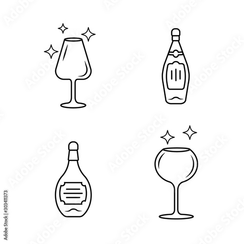Alcohol drink glassware linear icons set. Wine service elements. Crystal glasses shapes. Drinks and beverages types. Thin line contour symbols. Isolated vector outline illustrations. Editable stroke
