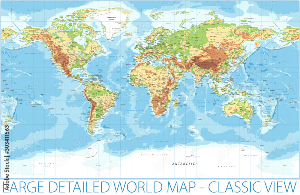 Obraz Mapa świata - fizyczna topografia - wektor Szczegółowa ilustracja