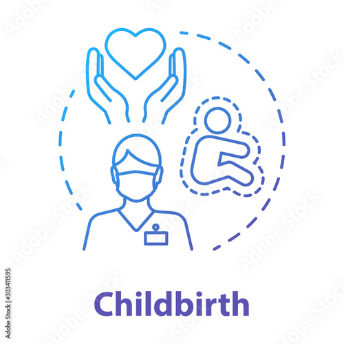 Childbirth blue gradient concept icon. Obstetrician idea thin line illustration. Pregnancy, motherhood, doctor. Birthing care, healthcare. Maternity hospital. Vector isolated outline drawing
