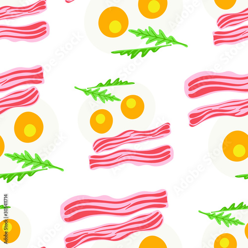 Eggs, bacon and arugula seamless pattern.