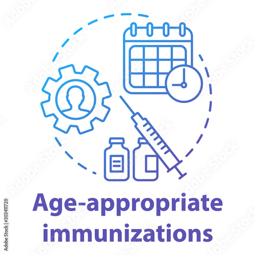 Age appropriate immunizations blue concept icon. Vaccination schedule idea thin line illustration. Healthcare, syringe, calendar. Medication timing. Vector isolated outline drawing
