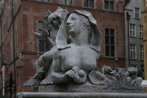 Gdansk, Poland - 06/07/2019: Sculptures at the Neptune Fountain.