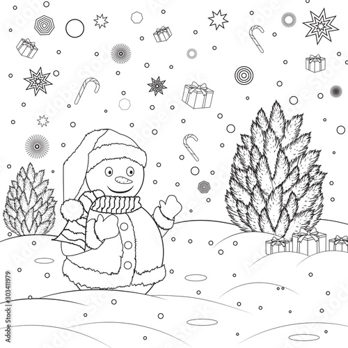 Coloring book for childrens. Snow with christmas tree. Black and white outline drawing