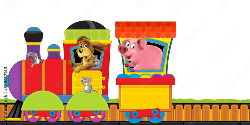 cartoon steam train on tracks with farm animals on white background space for text - illustration for children cartoon steam train on tracks with farm animals on white background space for text - illustration for children