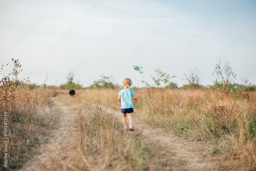 Little girl with black dog walking on the field back to camera in hot summer evening.