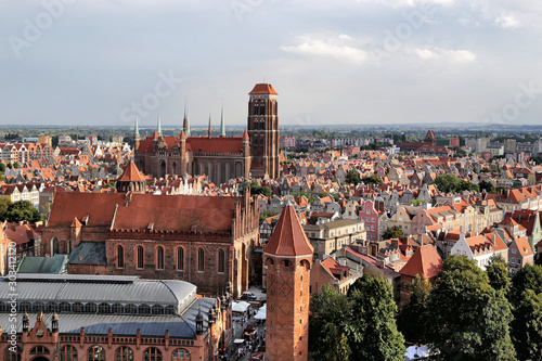 Gdansk, Poland - 08.16.2019: View of the rooftops of the old city from the bell tower of the Cathedral of St. Katarzyna.