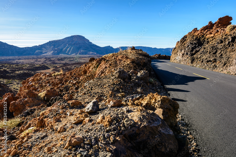 mountain road. Trek through Las Canadas National park, Pico del Teide, Tenerife