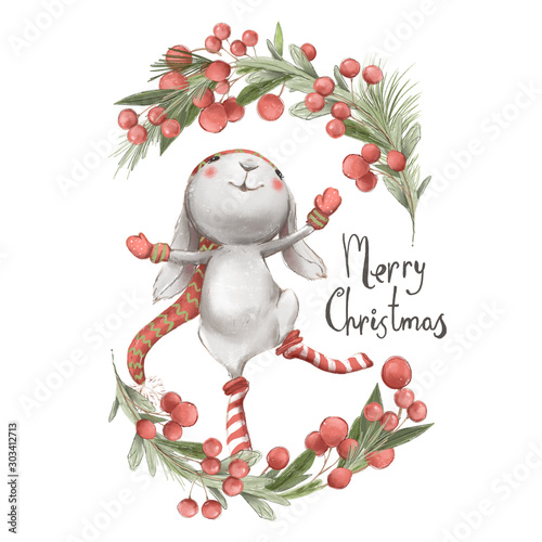 Cute watercolor bunny, Christmaswreath with berries illustration. Jumping bunny in hat and stockings photo