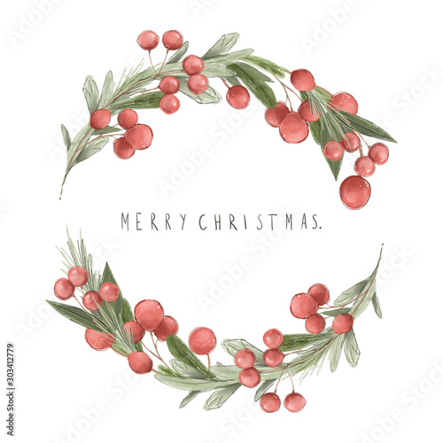 Cute watercolor hand drawn Christmas Wreath with berries