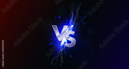 Versus banner with blue sparkling lightning. VS collision of metal letters with sparks and lightning in a red-blue background. Confrontation concept, competition vs match game. Versus battle. Vector