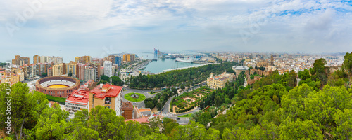 A cityscape. View of the city, Malagueta Bullring, port and the Cathedral from the Gibralfaro viewpoint