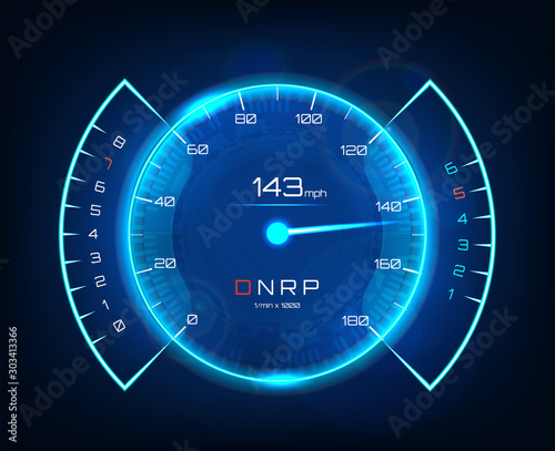 Speedometer speed car, auto dashboard design in futuristic style. Neon speedometer. Tachometer, Template Automotive Dashboard. Vector illustration