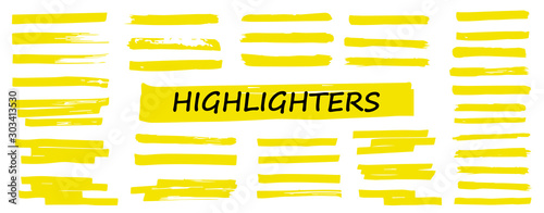 Highlighter collection, brush lines, isolated in white background. Marker yellow set, brush pen hand drawn underline. Vector highlighter graphic stylish element. Watercolor hand drawn highlight set. photo