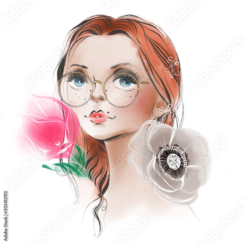 Beautufil woman with red hair, glassses and flowers watercolor illustration fashion style portrait photo