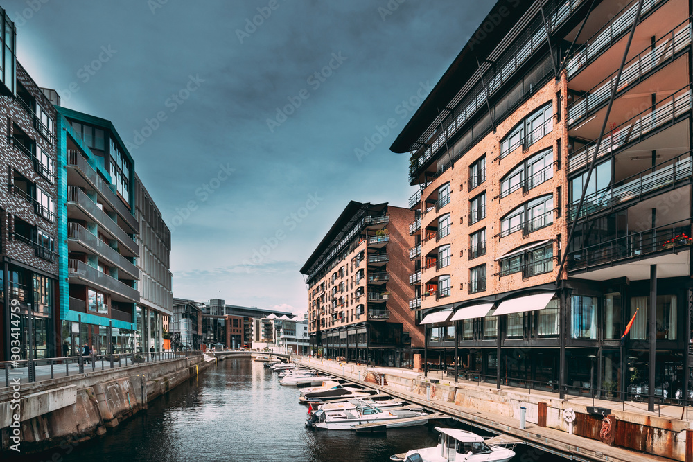 Oslo, Norway. View Of Residential Multi-storey Houses In Aker Brygge District In Summer Evening. Famous And Popular Place