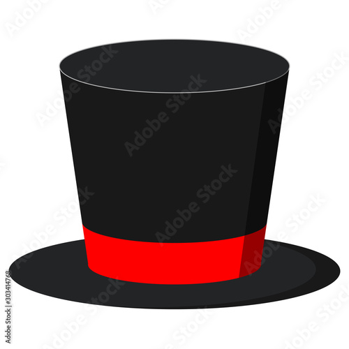 Black magician cylinder hat with red ribbon isolated on white background.