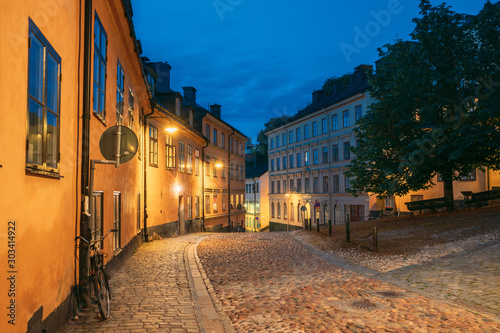 Stockholm, Sweden. Night View Of Traditional Stockholm Street. Residential Area, Cozy Street In Downtown. District Mullvaden First In Sodermalm