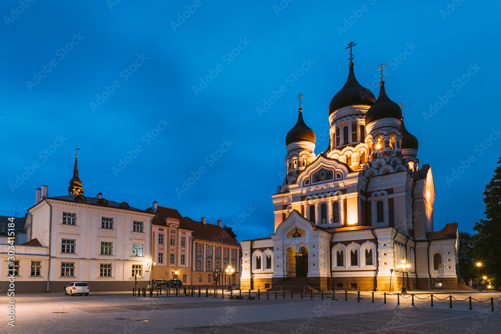Tallinn, Estonia. Building Of Alexander Nevsky Cathedral n Night Time. Famous Orthodox Cathedral