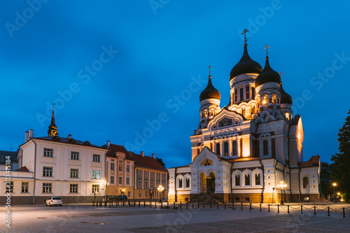 Tallinn, Estonia. Building Of Alexander Nevsky Cathedral n Night Time. Famous Orthodox Cathedral