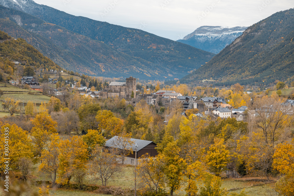 Town of Broto in autumn, located in Pyrenees Spain