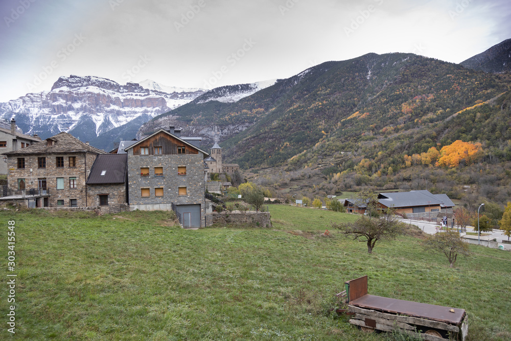 town of torla in autumn, located in pyrenees spain
