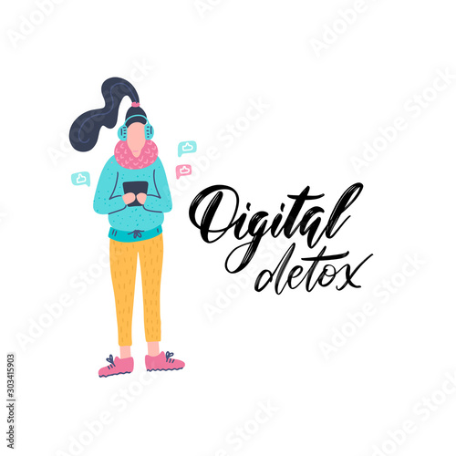 Digital detox. Young female character with gadget addiction. Modern lifestyle. Millennial user. Flat editable vector illustration