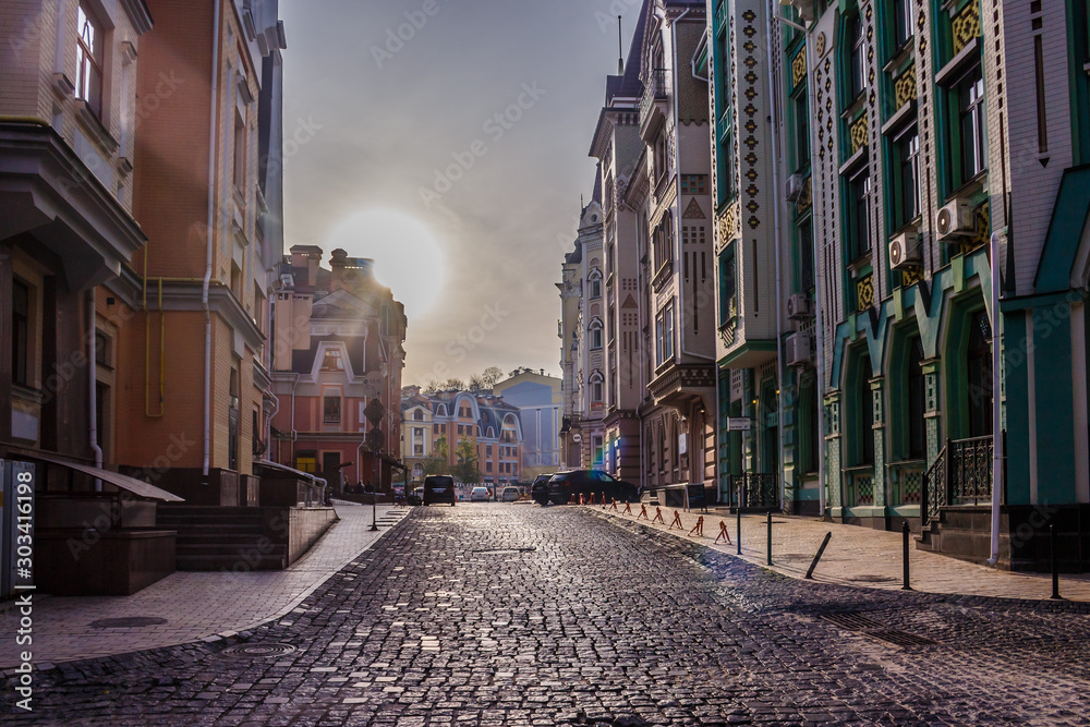 Fototapeta premium Street Vozdvizhenka. Podil. Hem Kiev. Ukraine - November 02 2019