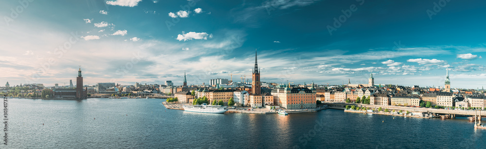 Stockholm, Sweden. Scenic View Of Stockholm Skyline At Summer Evening. Famous Popular Destination Scenic Place. Riddarholm Church In Panorama Panoramic View