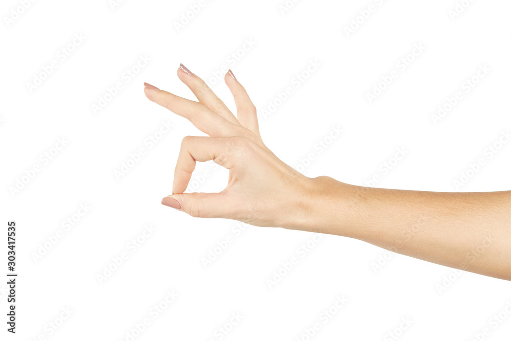 caucasian female person gesturing okay symbol isolated on a white background. positive gesture concept.