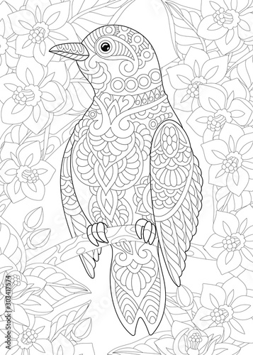 coloring page with bird in the garden