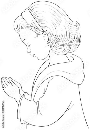 Cute Cartoon Little Girl praying with her hands folded vector coloring page