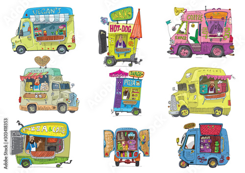 Set of all kind of street food trucks. Street market places. Cartoon. Caricature.