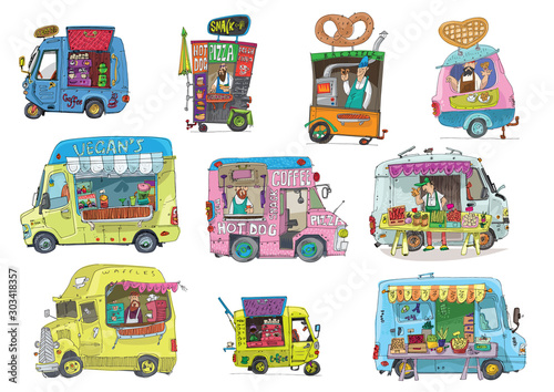 Set of all kind of street food trucks. Street market places. Cartoon. Caricature.