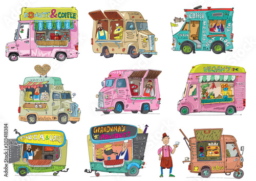Set of all kind of street food trucks. Street market places. Cartoon. Caricature.
